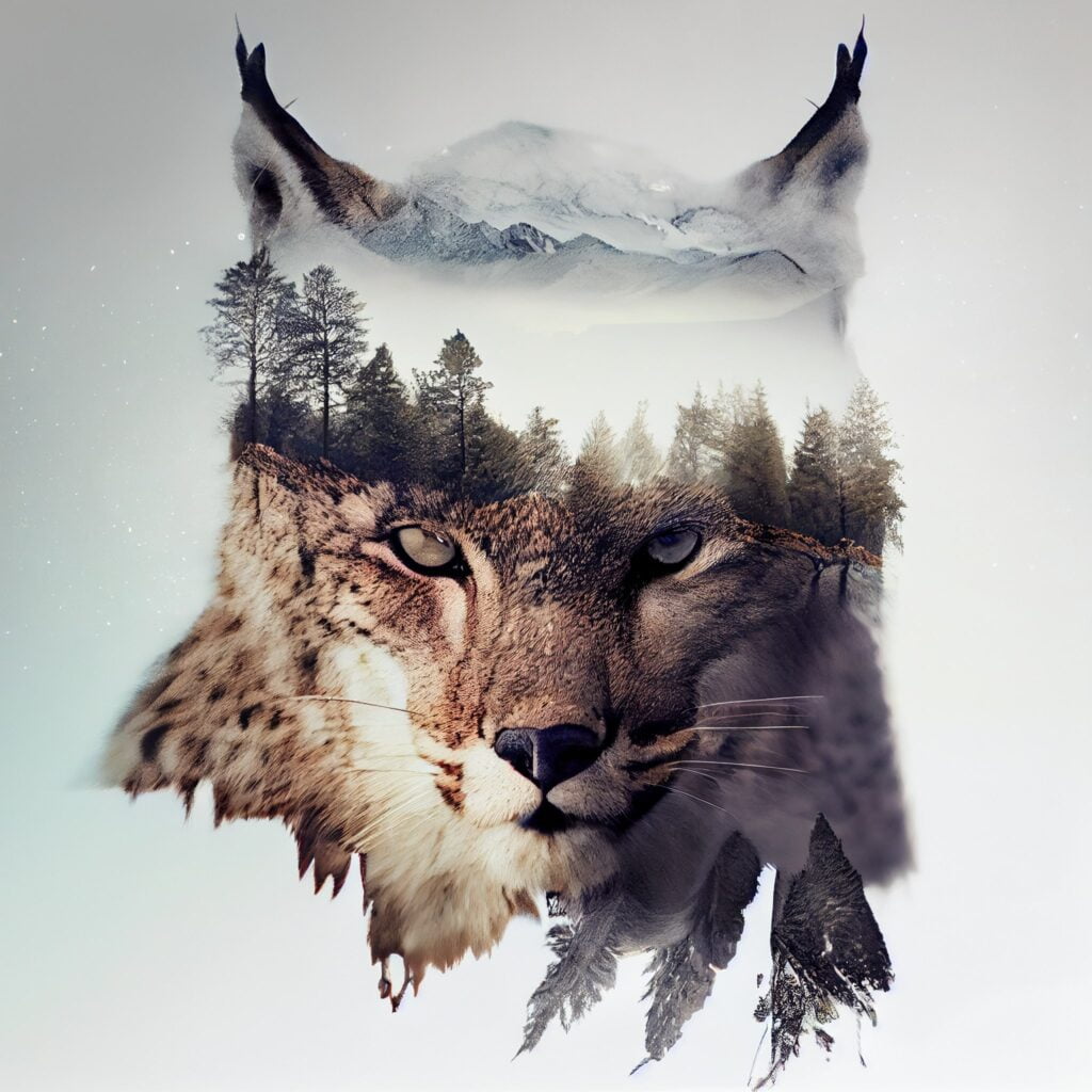Double exposure, Lynx and mountains